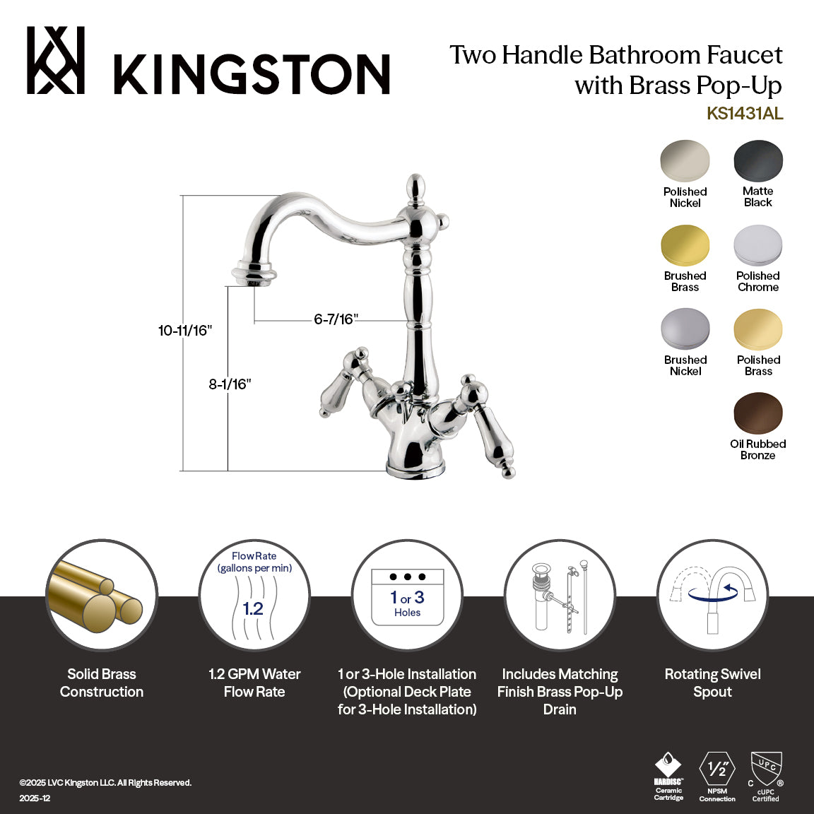 Kingston Heirloom KS1432AL - Heritage Double-Handle 1-or-3 Hole Deck Mount 4-Inch Centerset Bathroom Faucet with Brass Pop-Up, Polished Brass — thumbnail 2